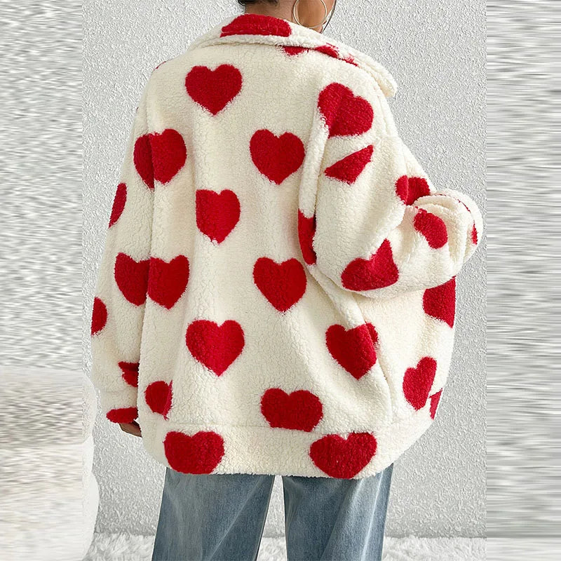 Women's Autumn/Winter New Plush Love Printed Loose Long Sleeve Zipper cardigan Coat