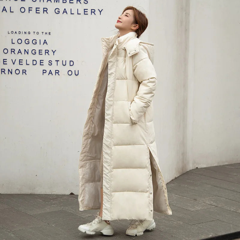 Winter Long Sleeve Hooded Down Long Coat Korean Women Pocket Solid Loose Jacket Lady Casual Thick Warm Outwear