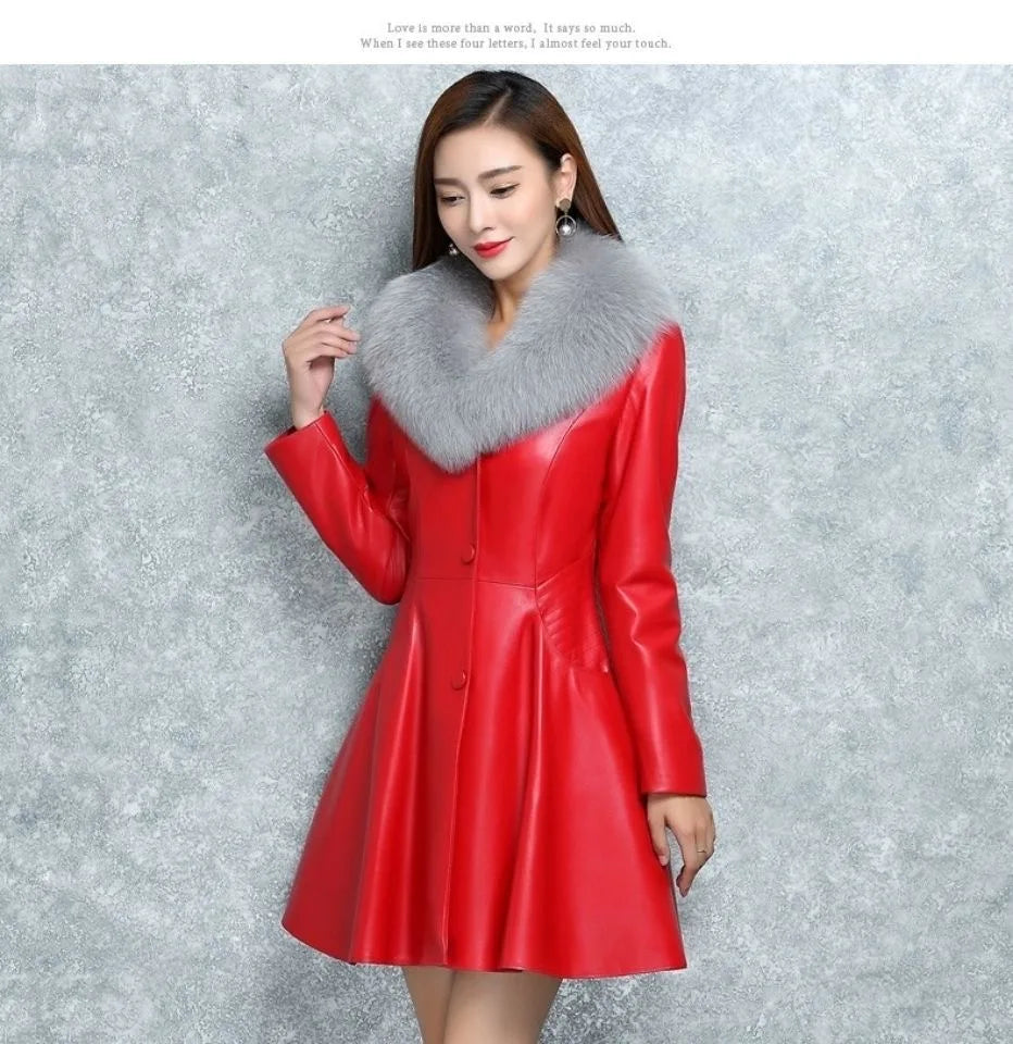 New Women's PU Leather Jacket For Autumn Winter Slim Big Fur Collar Long Leather Coat Female Outerwear