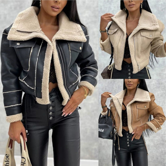 New Woman's Fashion Thick Warm Faux Shearling Jacket Coat Vintage Long Sleeve Belt Hem Female Outerw