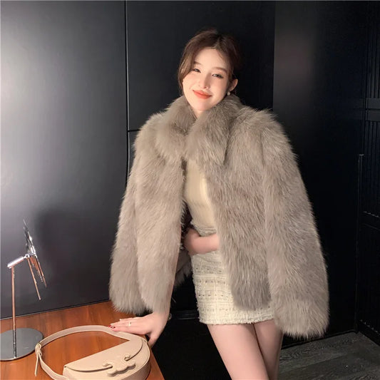 New Imitate Fox Hair Environmental Protection Fur Autumn/Winter Stand Collar Short Fur Coat Women's Thick Warm Jacket Brown