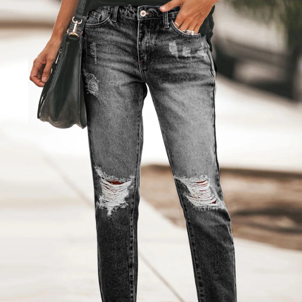 Stretch Women's Jeans Trend Blue Hight Waist Ripped Casual Fashion Streetwear Denim Pencil Pants