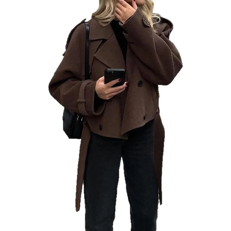 Brown Women Jacket Long Sleeve Lace Up Turn-down Collar Double-Breasted Female Coat Autumn Lady Streetwear New
