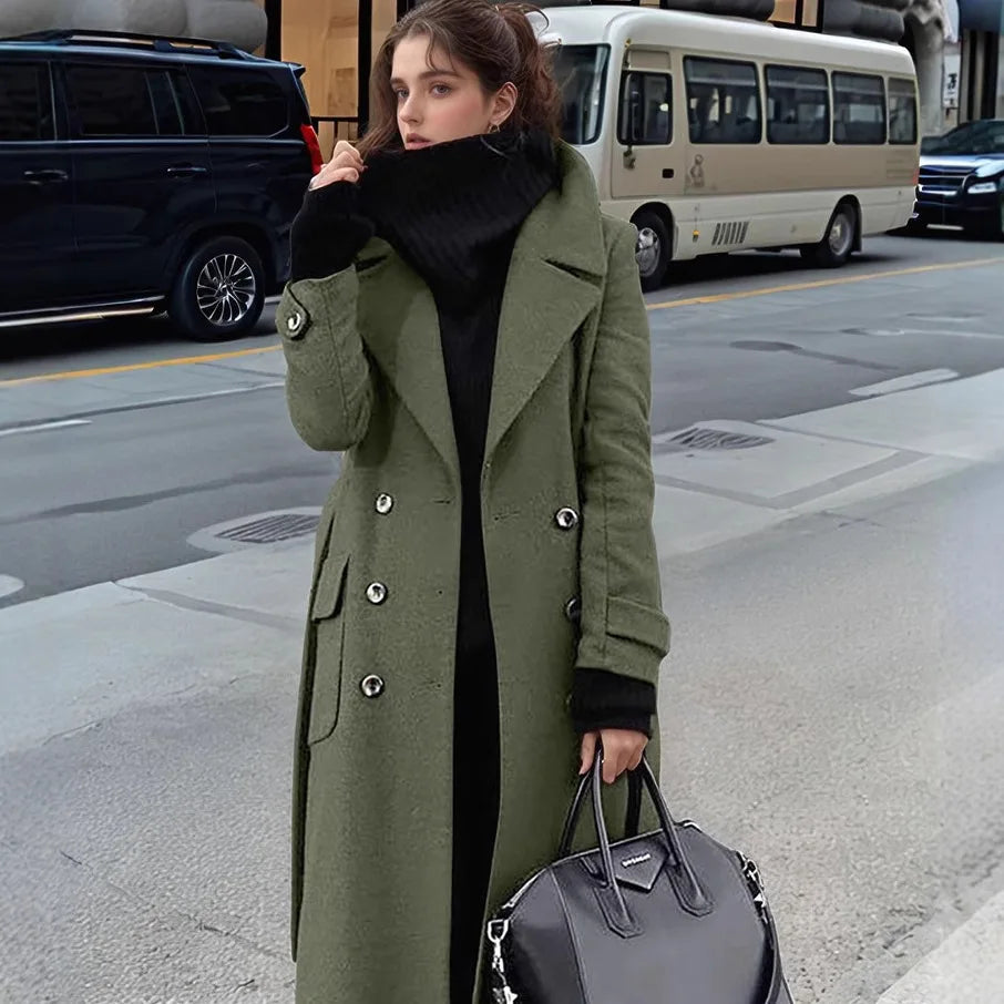 Autumn and Winter Temperament Commuter Suit Collar Double-Breasted Long Woolen Coat Trench Coat for Women