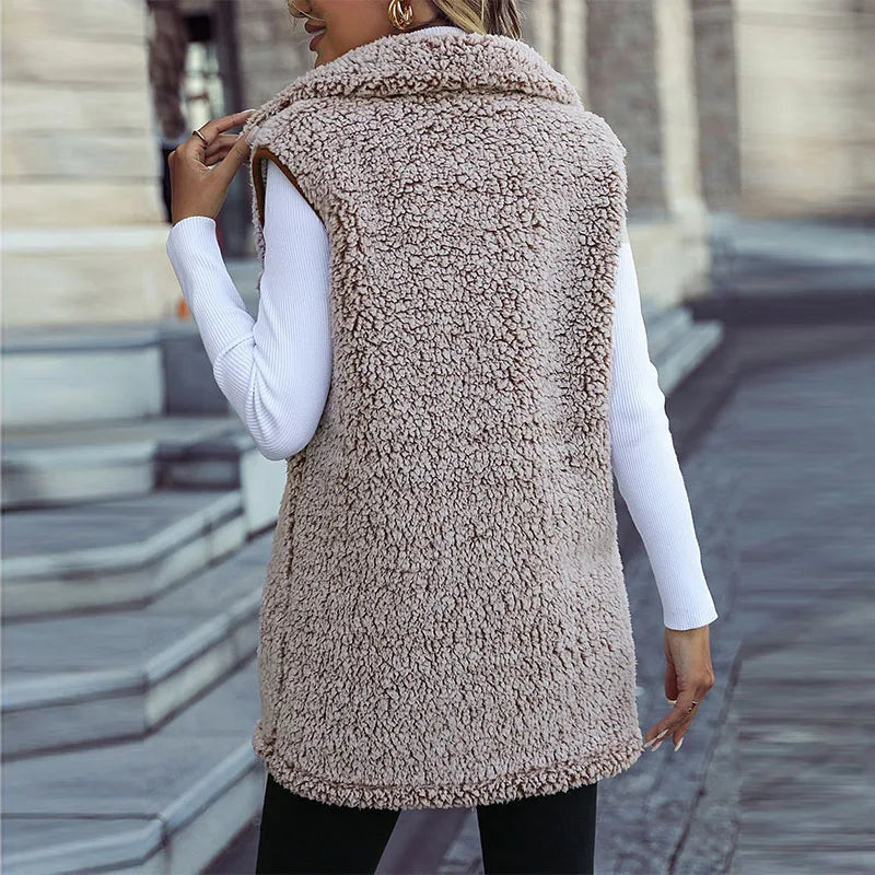 Autumn/Winter New Women's Mid Length Solid Hooded Vest Plush Warm Jacket Coat For Women Clothing