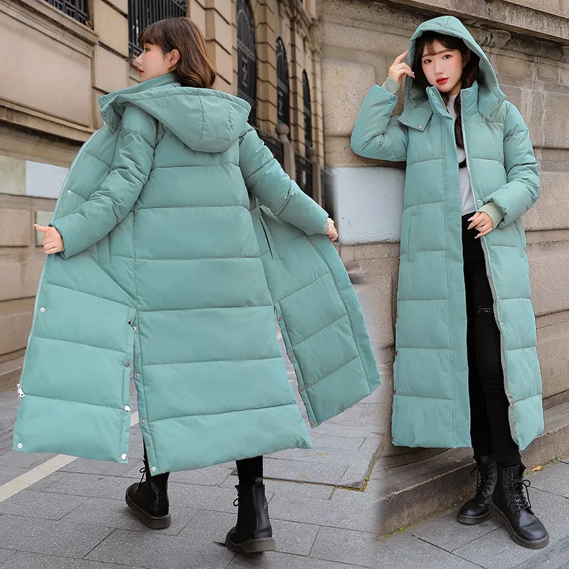 Winter Long Sleeve Hooded Down Long Coat Korean Women Pocket Solid Loose Jacket Lady Casual Thick Warm Outwear