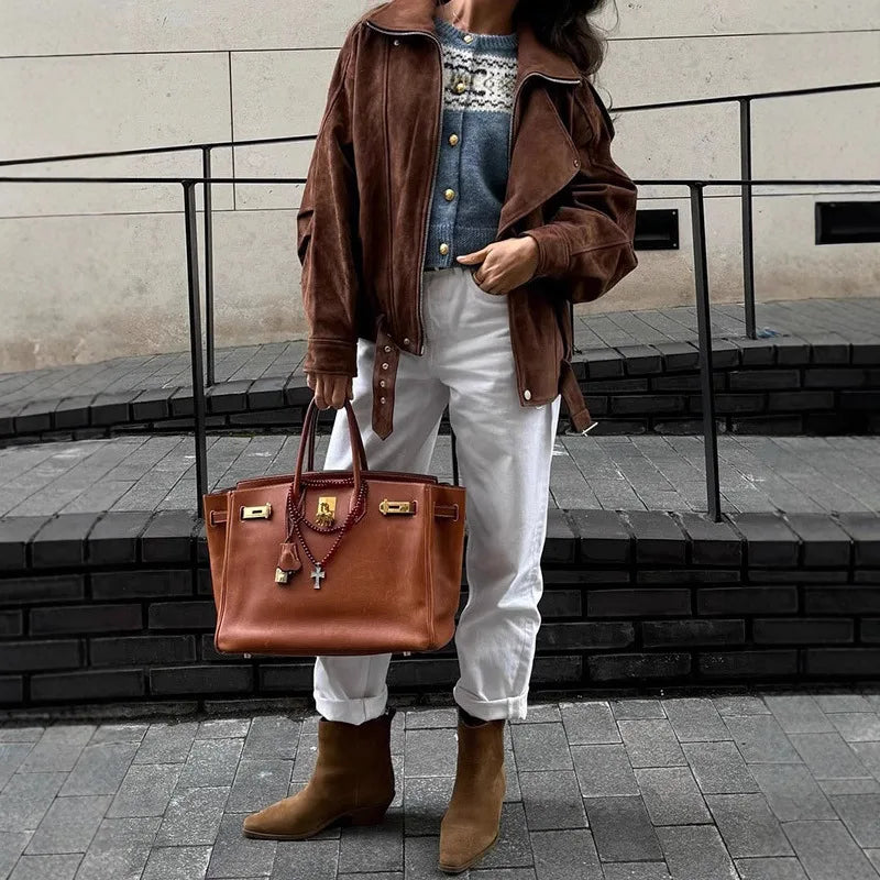 Fashionable Brown Short Loose Women's Jacket Casual Retro Mermaid Style Outerwear Popular Cross-Border Sale in 2025