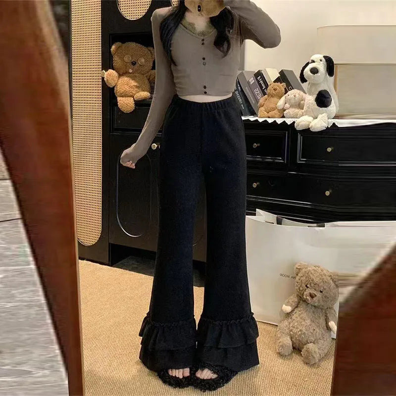 Casual Ruffles Flare Pants Women Korean Loose High Waist Sweet Trousers Vintage Simple Design Lady Elegant Wide Leg Pants