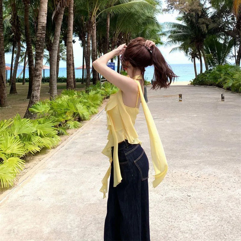 Chic Women Flutter Sleeve Camisole Tops Tiered Ruffled Ribbon 3D Flower Square Neck Crop Tank Tops Y2K Vintage Streetwear