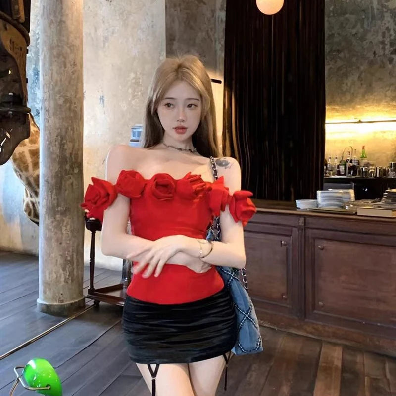 Women's Off Shoulder Flower Design Blouse, Loose Slim Fit Vest, Casual Clothes, Elegant, Leisure, Sexy, New, Fashion