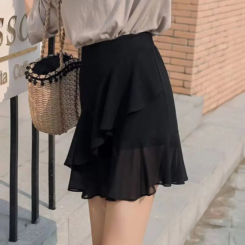 Silk Satin Black Women's Skirt Ruffle Flare Skirts For Woman Chiffon Clothes Stylish Offer Aesthetic Hot High Quality Casual Y2k