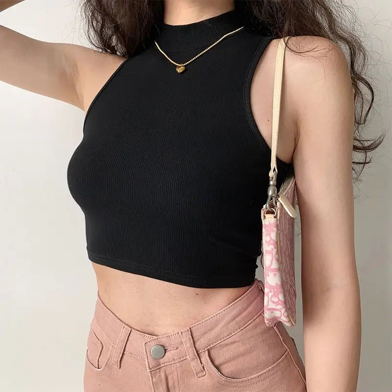 Solid Ribbed Crop Tank Top, Casual Sleeveless Basic Summer Top, Women's Clothing