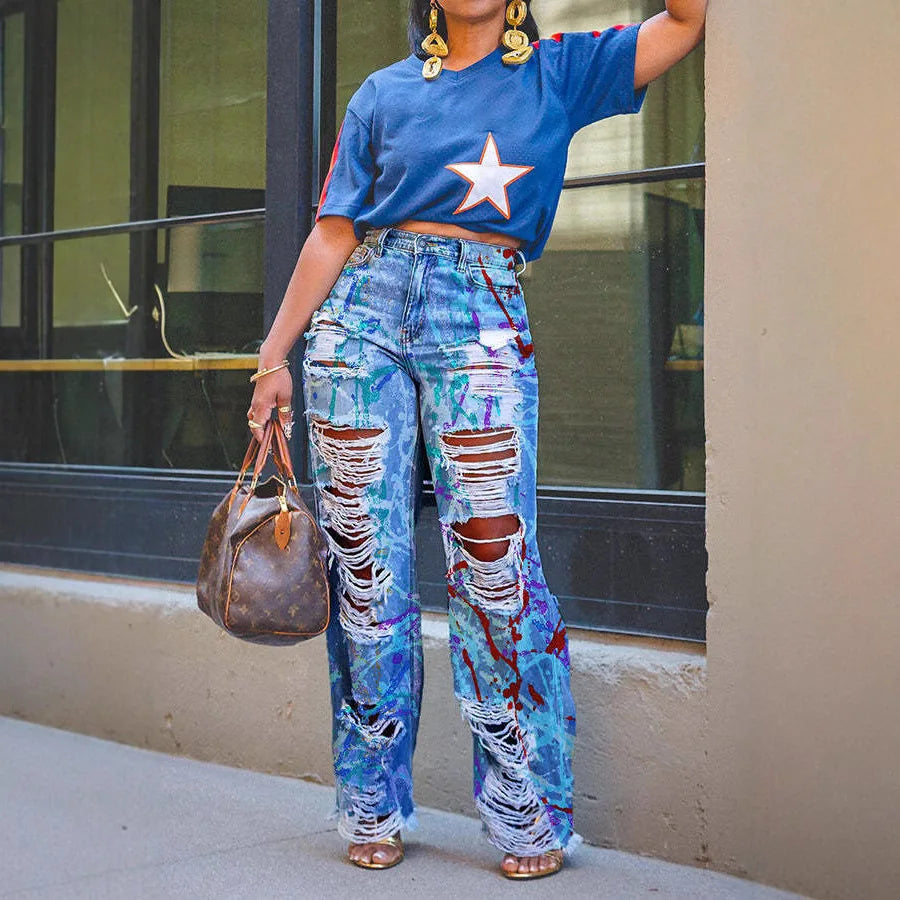 Spring New Floral Graffiti Print  High Waist Loose Straight Jeans Hip Hop Style Long Pants