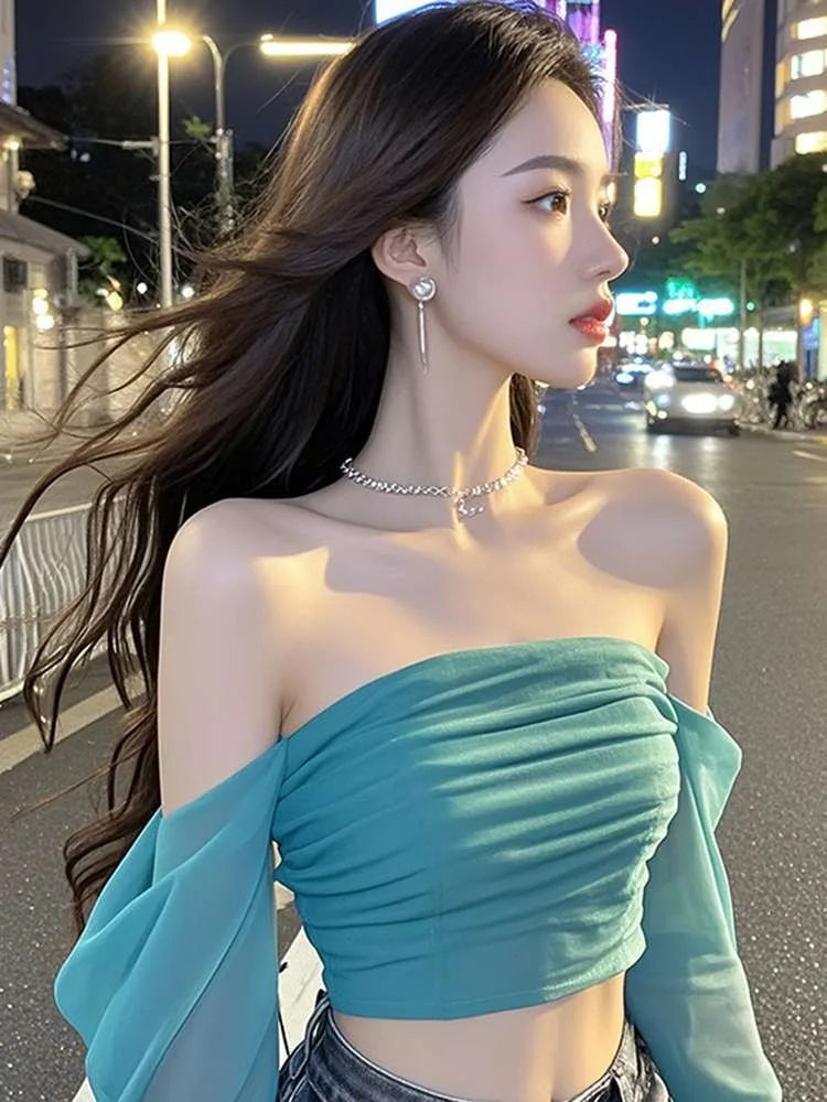New line shoulder mesh long sleeve T-shirt women with slim-fit hottie sexy explosion street wear short top