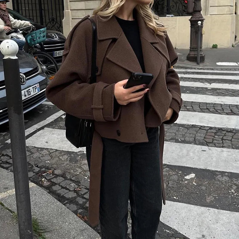 Brown Women Jacket Long Sleeve Lace Up Turn-down Collar Double-Breasted Female Coat Autumn Lady Streetwear New