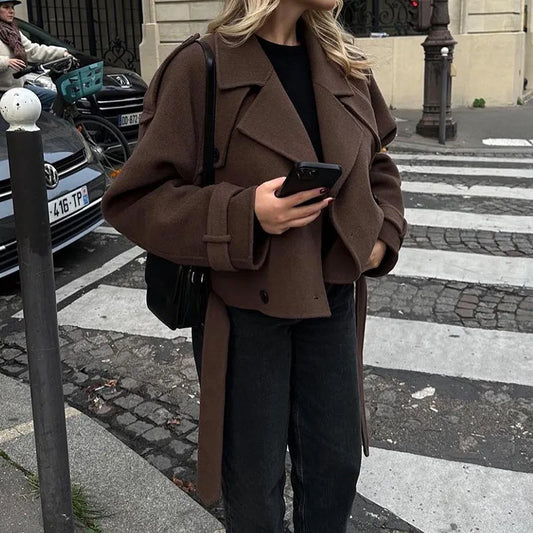 Brown Women Jacket Long Sleeve Lace Up Turn-down Collar Double-Breasted Female Coat Autumn Lady Streetwear New