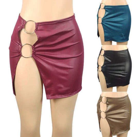 PU Imitation Leather Metal Ring Side Split Mini Skirt Women High-waist Fittness Slim Skirts Vintage Bodycon Skirt Club Party