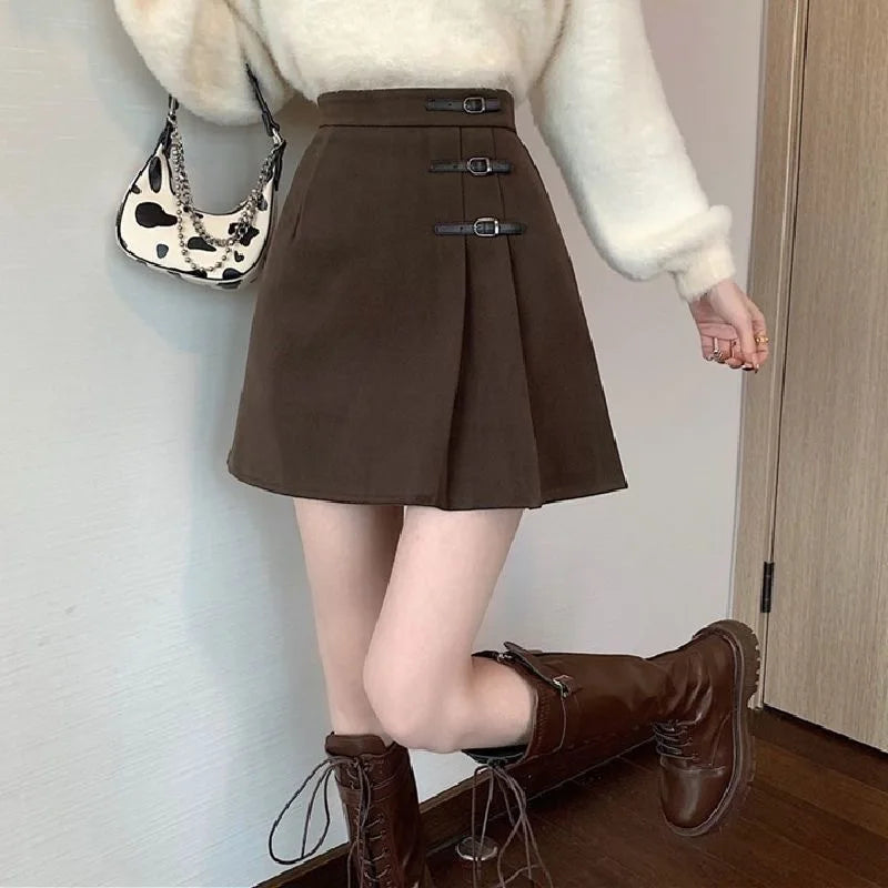 Black Artificial Wool Pleated Skirts Women Fall Winter High Waist Korean All-Match A Line Skirt Y2K Ladies Streetwear Mini Skirt