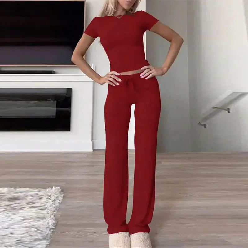 Summer Comfortable Casual Women's Home Sports Set New Fashionable Solid Color Slim Body Clothes + Trousers Two-piece Set