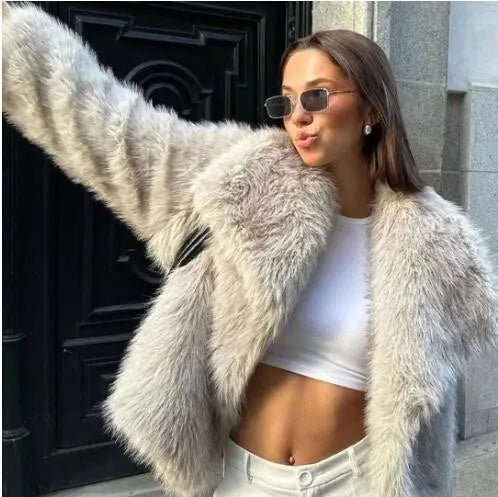 solid color loose fur short coat autumn and winter new item lapel long sleeved warm coat for women