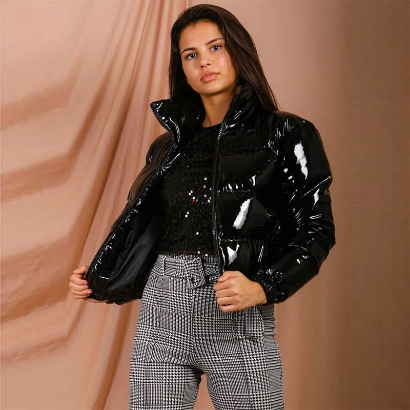Women Cotton-padded Jacket Jacket Fashion Casual Glossy Long Sleeve Autumn And Winter Stand Collar Short Zipper Sexy Warm Street