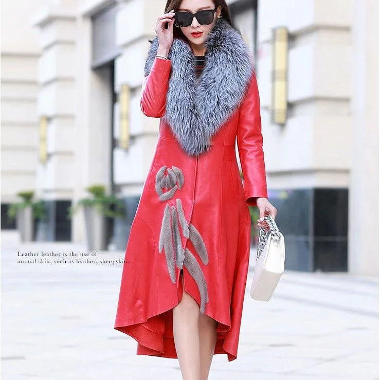 New Women's PU Leather Jacket For Spring Autumn Slim Big Fur Collar Long Leather Coat Female Loose Leather Outerwear