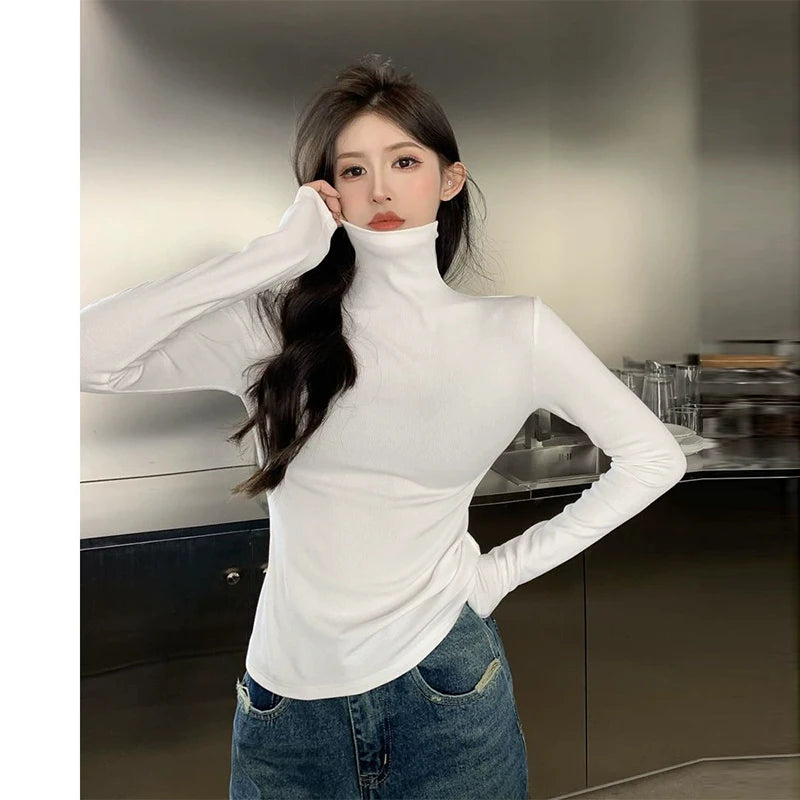 Spring Autumn Turtleneck T-shirt Women All-Match Top Shirt Soft Comfortable Inner Top Casual Long Sleeve T-shirt Office Wear