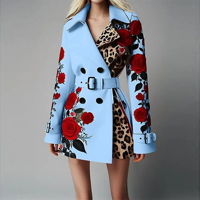 Women Long Sleeve Floral Flower Printed Office Coat Double Button Belt Lapel Collar High Waist Jacket
