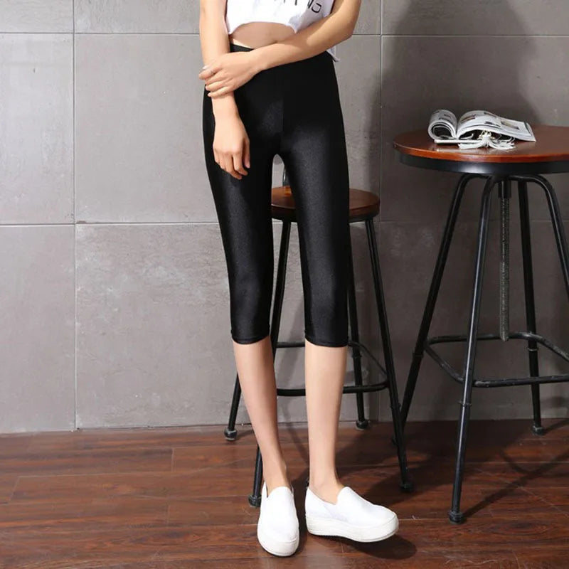 women summer knee length capris lady slim fitted skinny lace short legging big size Mujer Shiny trouser
