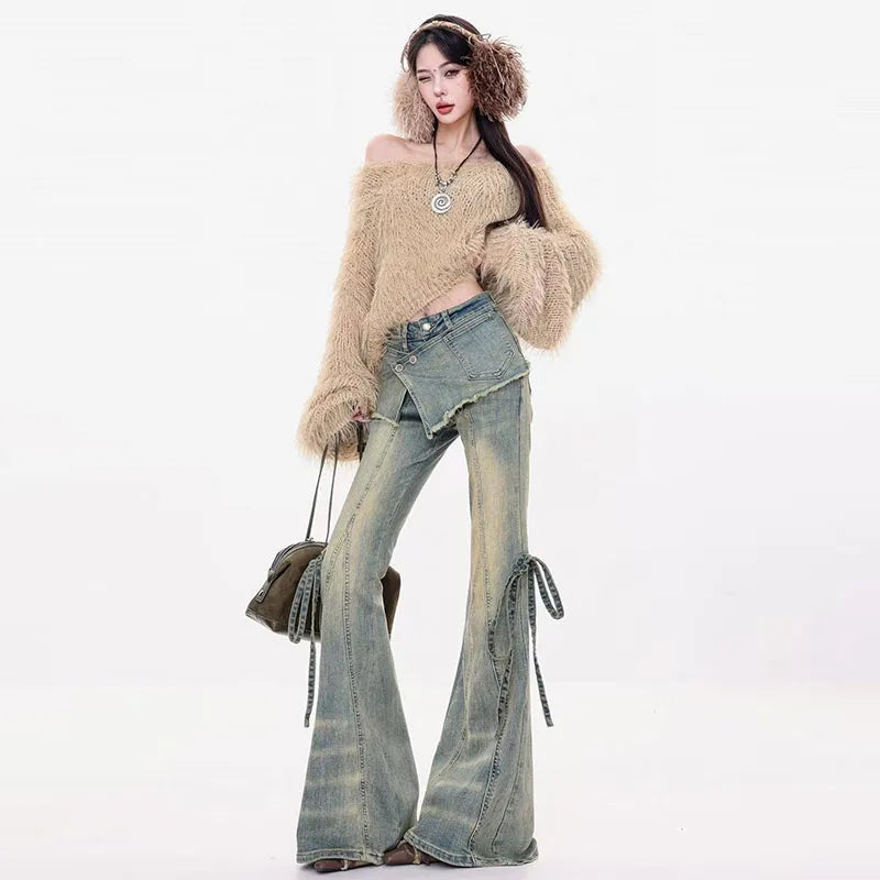 Vintage Flare Jeans Women Y2k Harajuku Patchwork Bandage Denim Pants Streetwear Grunge High Waist Casual Design Trousers