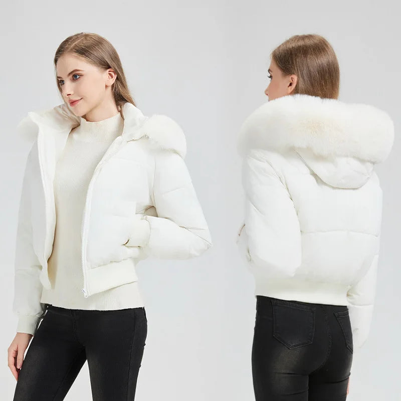 Winter Female's Parka Coat Solid Waist-cinching Faux Fur Trimmed Hood Quilted Jacket For lady Figure-flattering women's Jacket