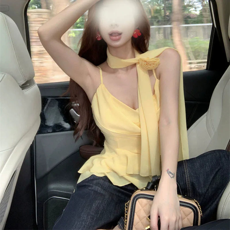 Chic Women Flutter Sleeve Camisole Tops Tiered Ruffled Ribbon 3D Flower Square Neck Crop Tank Tops Y2K Vintage Streetwear