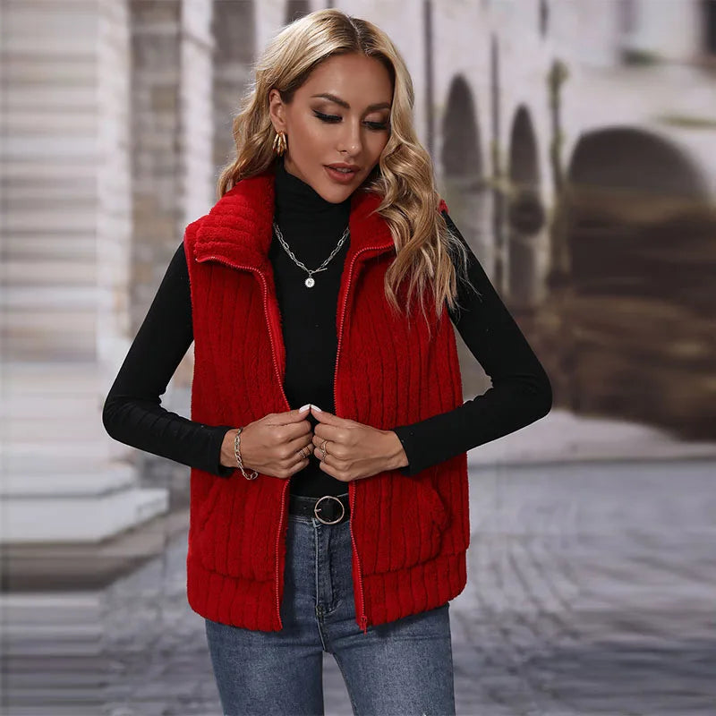 Autumn Winter Furry Faux Fur Vest Coat Women Sleeveless Lapel Plush Warm Waistcoat Lady Warm Fluffy Fashion Vest Jacket