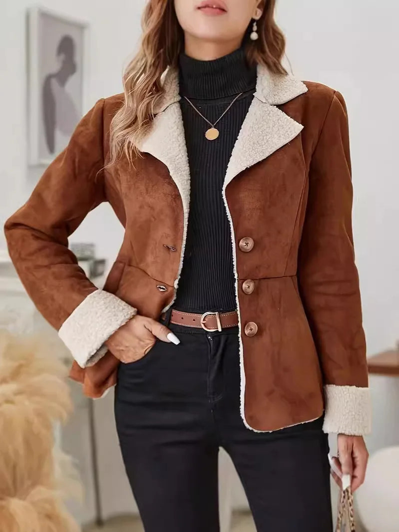 Streetwear Suede Slim Jackets Women Single-Breasted Pockets Long Sleeve Coats Fashion Fall Casual Vintage Elegant Outwears ﻿