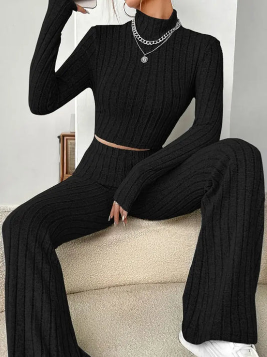 BEAUTY CLOSET COLLECTION - Stand Collar Knit Striped Long Sleeve T-Shirt And Pants