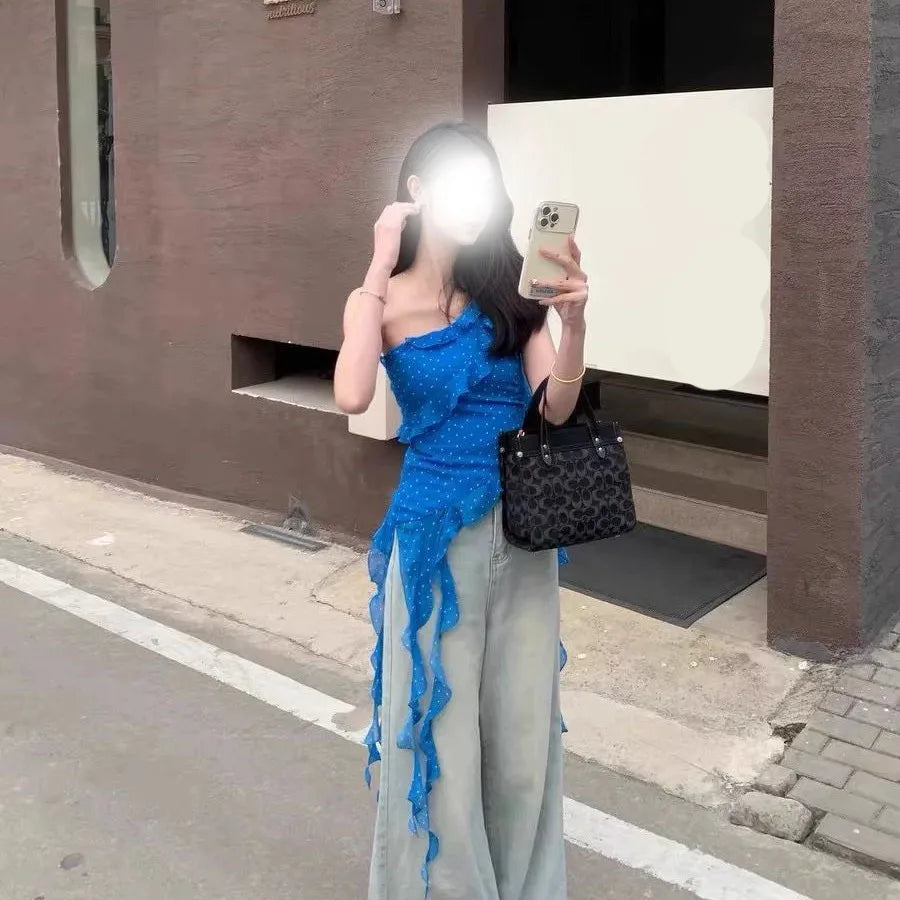 Blue Irregular Shoulder Strapless Top Women's Summer Korean Style Hot Girl Slim Fit Beautiful Top Commute Style Outerwear