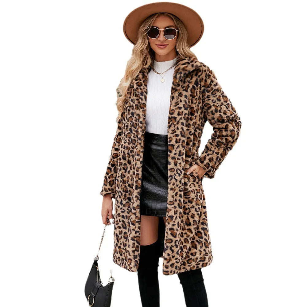 Autumn Winter Fur Coat Women Fashion Casual Square Collar Imitation Leopard Faux Fur Coat Plush Long Coat Winter Jacket