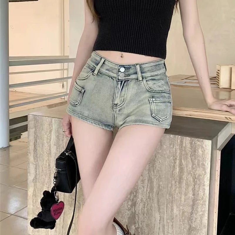 Sexy Low Rise Denim Super Shorts Women's Summer Elastic Slim Skinny Rivet Vintage Blue Short Jeans Y2k Versatile Pants