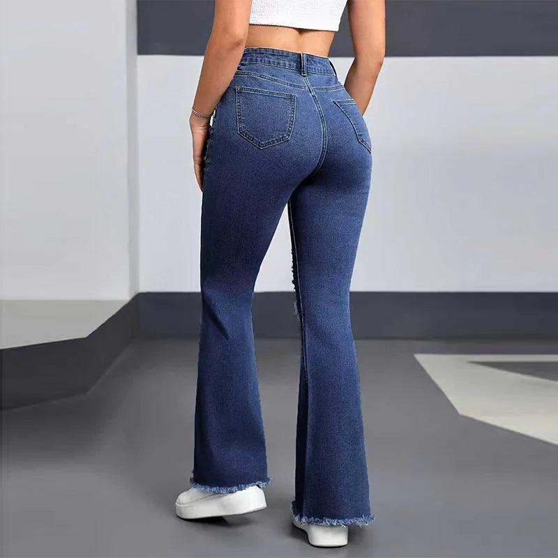 Y2K Blue Stretchy Heart Shaped Flared Jeans High Waist Retro Fashion Trendy Elastic Trousers for Women