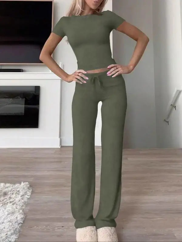 Summer Comfortable Casual Women's Home Sports Set New Fashionable Solid Color Slim Body Clothes + Trousers Two-piece Set