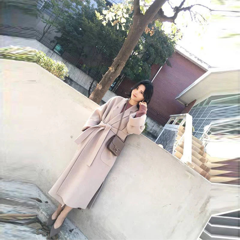 Women's Fashion Autumn/Winter New Slim Fit Waistband Flip Collar Woolen Coat