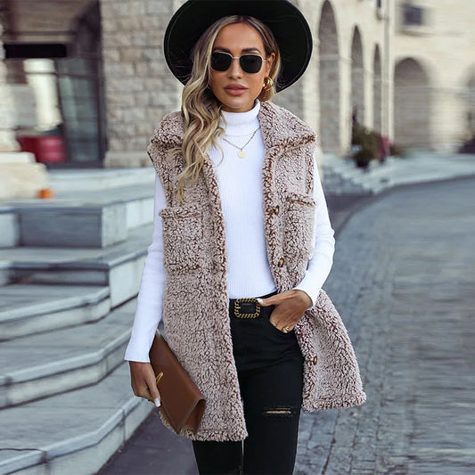 Autumn/Winter New Women's Mid Length Solid Hooded Vest Plush Warm Jacket Coat For Women Clothing
