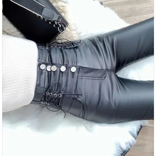 Sexy y2k streetwear black leather pants women goth clothes high waist fashion casual pants vintage lace up PU trousers hot