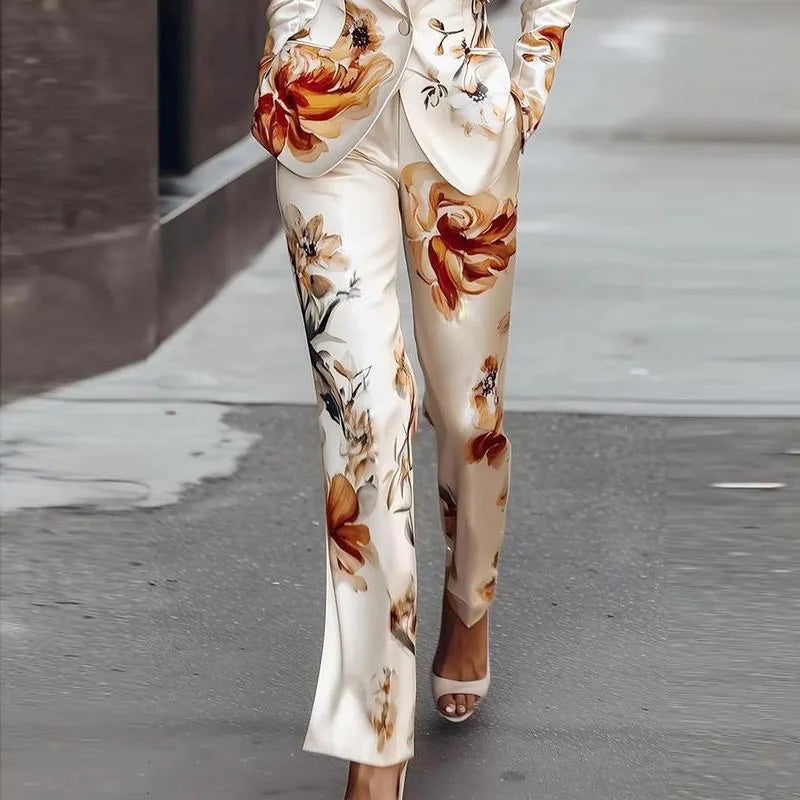 Women's Sexy Deep V Satin office suit 2pcs Set Winter White Glossy Long Sleeved One Button Jacket&Straight Leg Pants Vacation