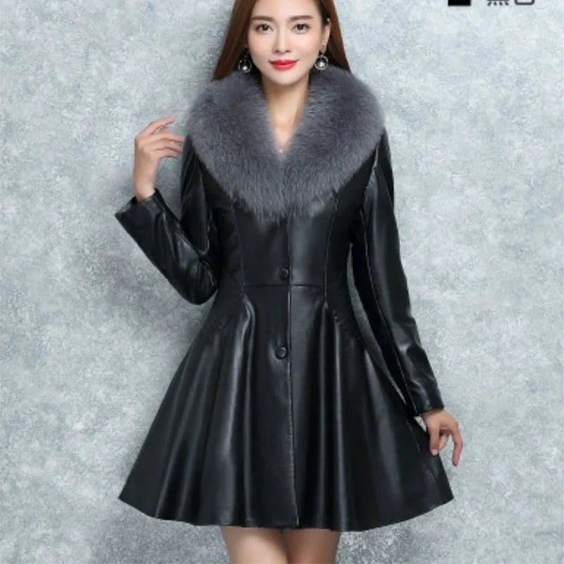 New Women's PU Leather Jacket For Autumn Winter Slim Big Fur Collar Long Leather Coat Female Outerwear