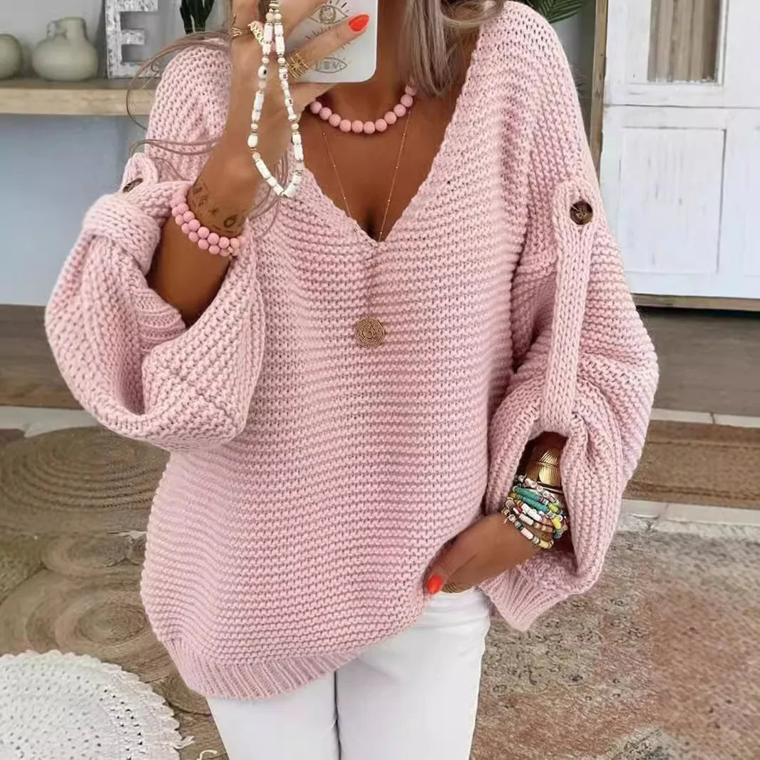 Elegant V-neck Warm Pullover Sweaters Autumn Winter Casual Long Sleeve Button Jumpers Tops Fashion Commuter Loose Women Knitted