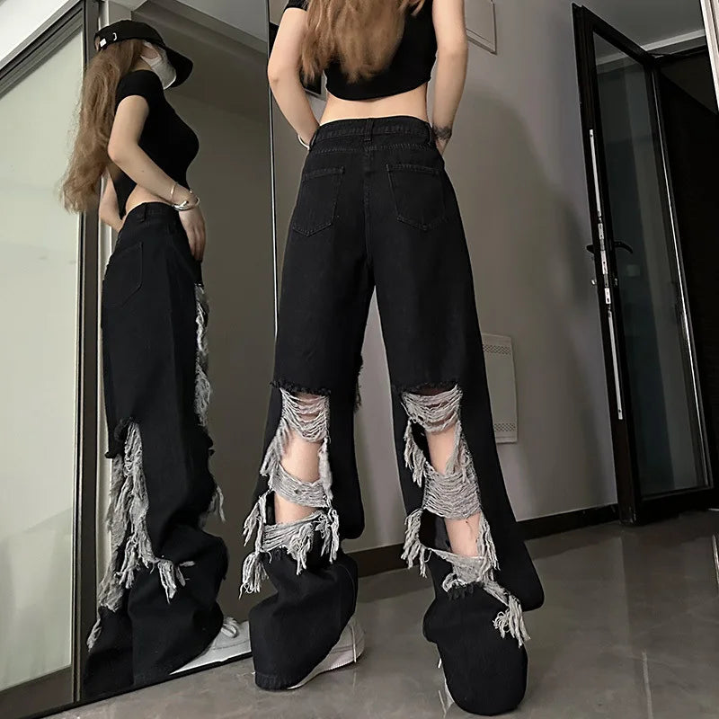 Women Vintage Gothic Black Ripped Jeans High Waist American Retro Streetwear Y2k Pants Harajuku Casual Wide Leg Denim Trousers