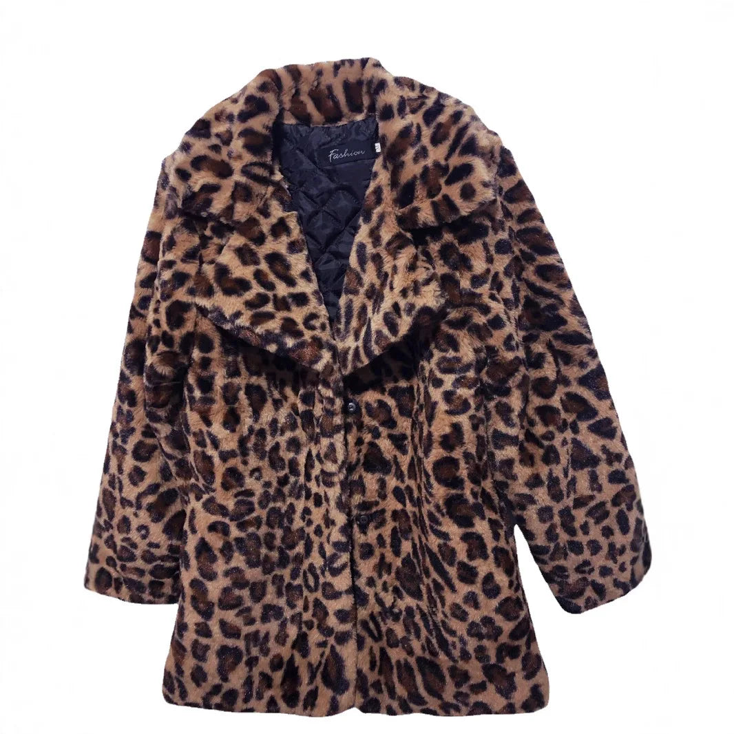 Fashion Women Faux Fur Leopard Print Coat Female Sexy All-Match Mid-Length Suit Collar Warm Outerwear
