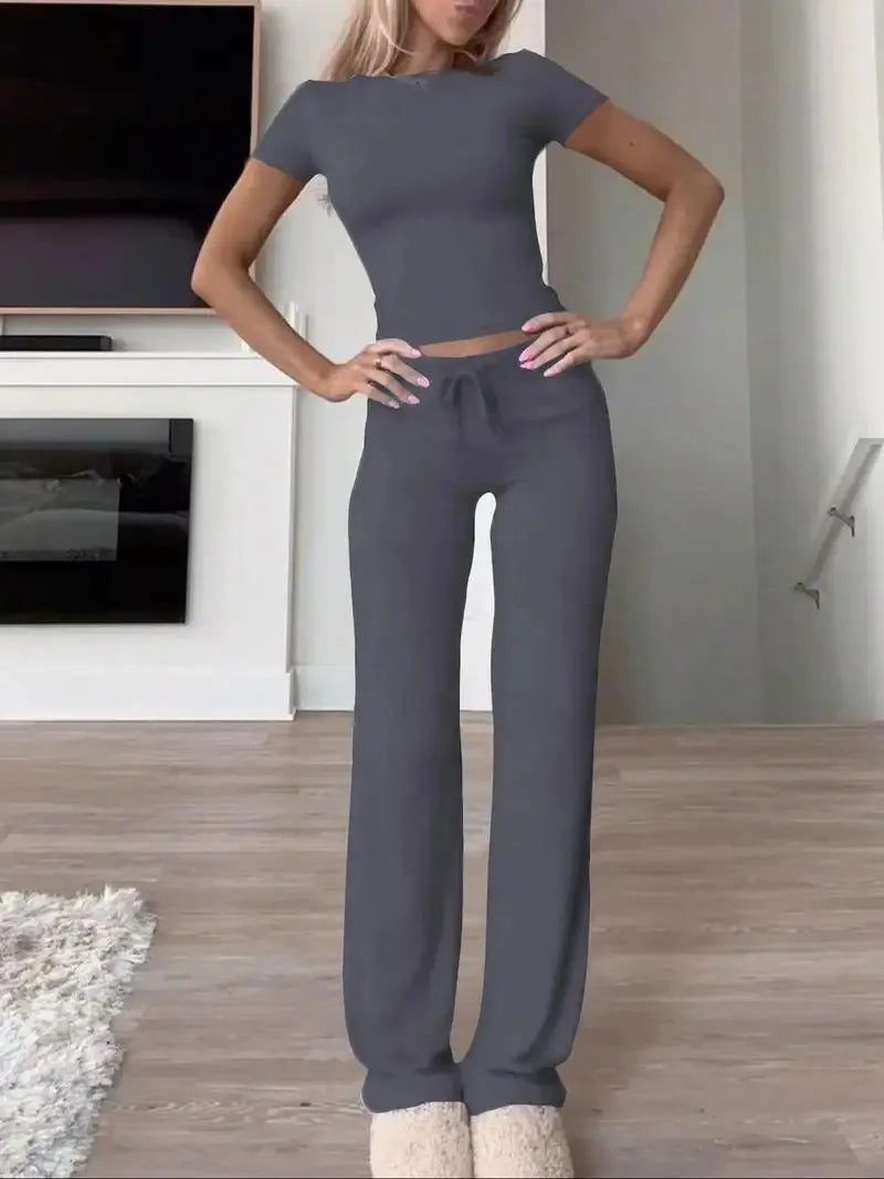 Summer Comfortable Casual Women's Home Sports Set New Fashionable Solid Color Slim Body Clothes + Trousers Two-piece Set