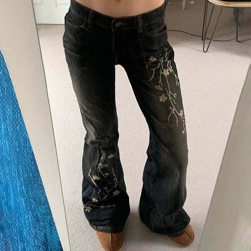 Weekeep Floral Embroidery Jeans Vintage 2000s Low Rise Flared Jeans Women Retro Baggy Denim Pants High Street Basic Trousers